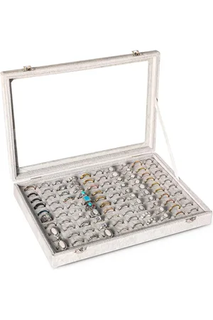 Merkloos Ring Organizer Tray 100 Slots Ringhouder met Doorzichtig Deksel - Fluwelen Ring Opbergdoos voor Sieraden - Grijs