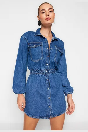 Trendyol Blauwe A-Lijn Elastische Taille Denim Korte Nachtjurk Tpraw23El00419