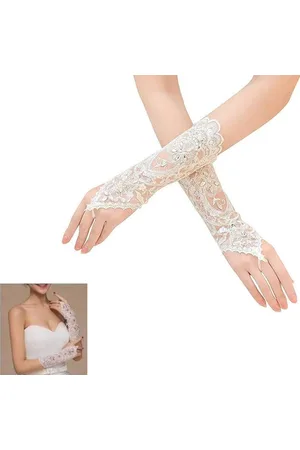 Merkloos Bruidshandschoenen, vingerloze handschoenen, kanten bruidshandschoenen met diamanten voor dames, bruidsaccessoires, bruiloftsfeest, 27,5 cm