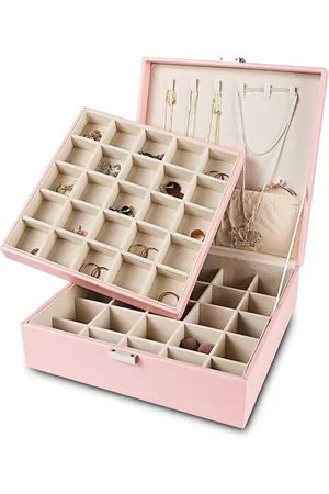 Merkloos Oorbel Organizer - Klassieke Sieraden Doos 50 Slots Dubbellaags Opbergkoffer met 6 Ketting Haak en Armband Pocket (Roze)