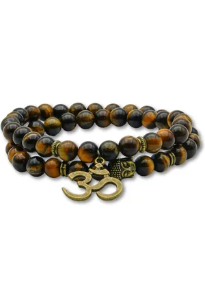 Marama Wikkelarmband Ohm Tijgeroog - Damesarmband - edelsteen - elastisch - Ohm-teken - Buddha - Bruin-Brons - cadeau dames - 2x om de pols - geschenkzakje