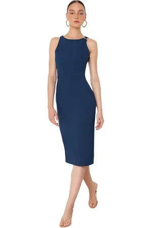 Trendyol Zwart Aansluitende Midi-Kokerrok, Geweven Jurk Met Accessoiredetail Op De Kraag Twoss23El02115
