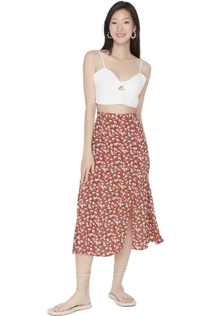 Trendyol Bordeauxrode Geweven Midi-Rok Van Viscose Met Splitdetail En Bloemenmotief Twoss20Et0231