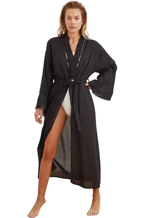Trendyol Zwarte Riem Geweven Gevlamde Katoenen Strook Accessoire Maxi Strandkimono En Kaftan Tbess21Km0094