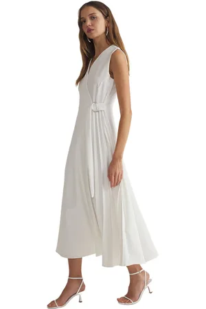 Trendyol Witte Geplooide Midi-Geweven Jurk Met Taille-Open Rok En Accessoire-Detail Twoss25El00143