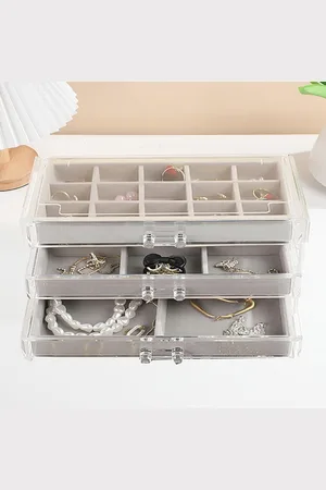 Merkloos Sieradenorganizer doos met fluwelen trays - Transparante opslag voor oorbellen, ringen, armbanden en halskettingen (grijs 3 drawers)