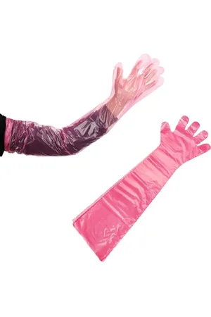 Merkloos Lange mouwen veterinaire handschoenen - Wegwerp plastic folie handschoenen - Transparante handschoenen voor dierenartsen en dieren huisreiniging - Rood 8 stuks