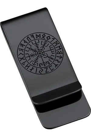 Merkloos Heren bankbiljettenclip van roestvrij staal met Heilige Michael gravure - Vaderdagcadeau - FaithHeart Viking geldclip met Vegvisir symbolen - Zwart