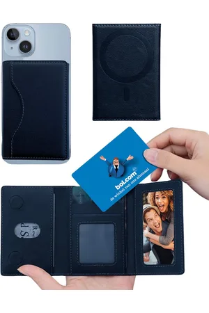 Ainy Magnet wallet donker blauw | Magnetische pasjeshouder geschikt voor magsafe hoesje of Apple iPhone 12 / 13 / 14 / 15 / 16 ( plus / pro / max ) | Kaarthouder 5 vakjes voor pasjes | Uitklapbare telefoon standaard / houder voor dames en mannen