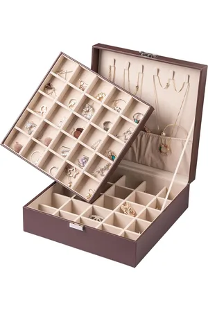 Merkloos Oorbel Organizer Klassieke Sieradendoos 50 Slots Dubbellaags met 6 Ketting Haak en Armband Pocket (Donkerbruin)