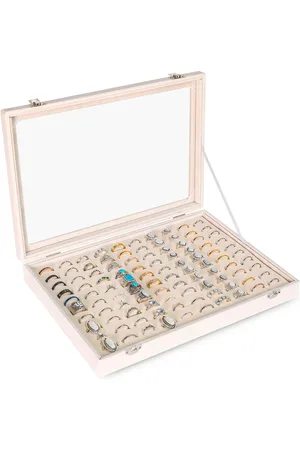 Merkloos Ring Organizer Tray 100 Slots Ringhouder met Doorzichtig Deksel voor Sieraden Winkel Show (Beige)