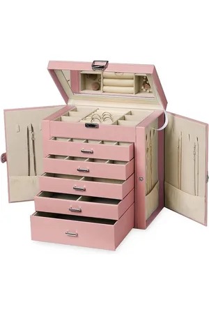 Merkloos Grote 6-laags PU lederen sieraden organizer met slot - Multifunctionele opbergdoos met 5 laden voor oorbellen, kettingen, armbanden en horloges (roze)