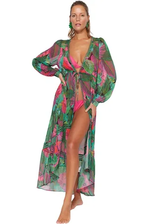 Trendyol Tropische Patroon Maxi Geweven Streep Accessoire Chiffon Strandkimono En Kaftan Tbess23Km00002