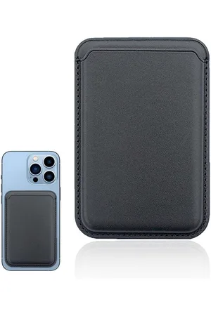 Merkloos Leren portemonnee met ijzeren ring voor alle telefoonhoesjes - kaarthouder met Mag-Safe magnetische portemonnee Magsafe Wallet RFID (zwart) - Geschikt voor 15/14/13/12 Pro/Max/Plus/Mini