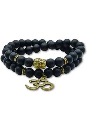 Marama - Damesarmband - edelsteen - elastisch - Ohm-teken - Buddha - Zwart-Brons - cadeau dames - 2x om de pols - geschenkzakje