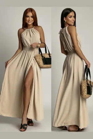 Merkloos Lange Zomerjurk Met Elastische Taille En Split - Maxi Jurk