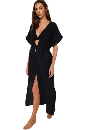 Trendyol Beige Geceintuurde Maxi Geweven Split Muslin Strand Kimono & Kaftan Tbess23Km00019