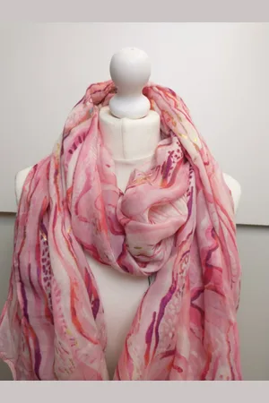 Merkloos Lange dames sjaal Tineke fantasiemotief roze wit paars rood blauw bruin goud
