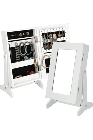 Merkloos Sieradendoosje met spiegel - 21 x 15 x 385 cm - MDF-plaat - sieradenkistje - voeten - kettingen ringen - wit sieradenkast met spiegel