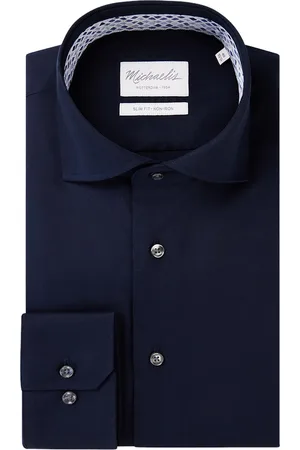 Michaelis Slim fit heren overhemd - popeline - donkerblauw - Strijkvrij - Boordmaat: 40