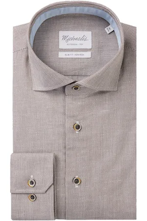 Michaelis Slim fit heren overhemd - structuur - lichtbruin - Strijkvrij - Boordmaat: 44