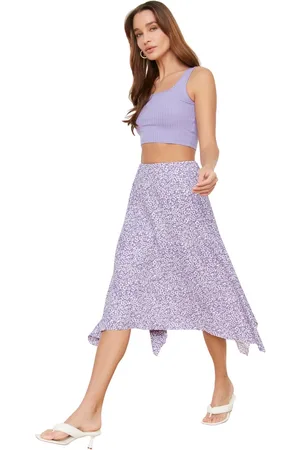 Trendyol Witte Gebloemde Asymmetrische Midi-Rok Met Hoge Taille En Rekbare Stof Twoaw20Et0440
