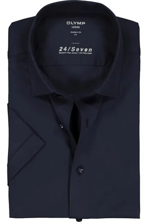 Olymp Luxor 24/Seven modern fit overhemd - korte mouw - marine tricot - Strijkvriendelijk - Boordmaat: 44