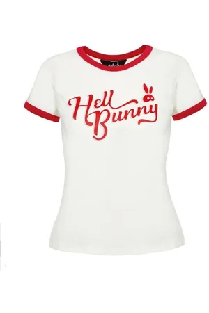 Hell Bunny Lucy T-Shirt T-shirt wit-rood XL Katoen Dames - Rockabilly