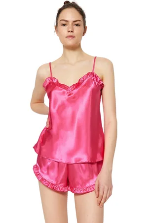 Trendyol Marineblauwe Geplooide Satijnen Shorts Met Touwbandjes En Geweven Pyjamaset Thmss22Pt0274