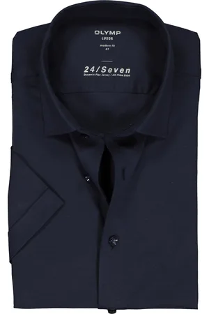 Olymp Luxor 24/Seven modern fit overhemd - korte mouw - marine tricot - Strijkvriendelijk - Boordmaat: 43