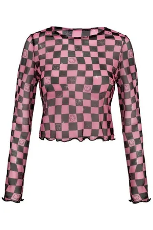 Hell Bunny X Smiley Originals Distortion Top Shirt met lange mouwen zwart-felroze L Dames