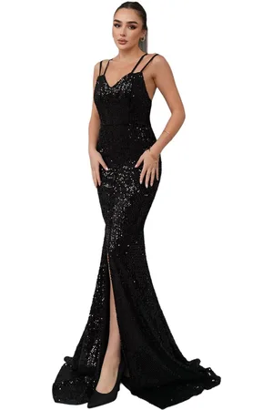 Trendyol Zwarte, Nauwsluitende, Gebreide, Elegante, Lange Avondjurk Met Pailletten, Tpraw25Ae00019