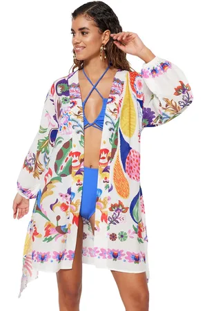 Trendyol Gebloemde Gebloemde Mini Geweven Ballonmouw Strandkimono En Kaftan Van 100% Katoen Tbess22Km0022