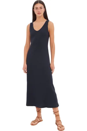 Trendyol Marineblauwe Shift/Effen Pool Neck Midi Knitwear Look Flexibele Knit Jurk Twoss22El2964