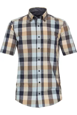 Casa Moda Sport casual fit overhemd - korte mouw - chambray - blauw met beige geruit - Strijkvriendelijk - Boordmaat: 41 - 42