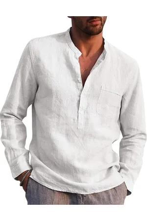 Merkloos AUDATE Heren Katoen Linnen Shirt Herfst Zomer Overhemd Lange Mouwen Regular Fit Casual Shirt 2XL
