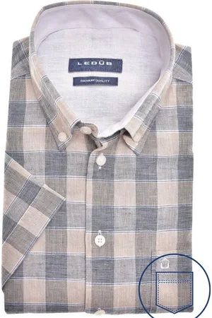 Ledub Modern fit overhemd - korte mouw - lichtbruin - Strijkvriendelijk - Boordmaat: 38