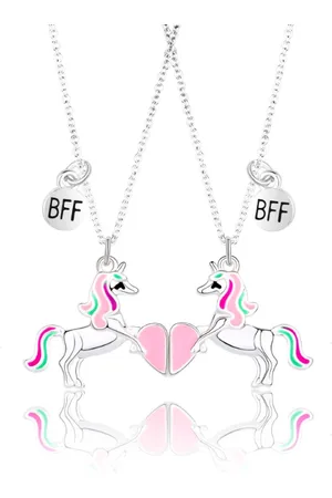 Bixorp Friends BFF Ketting met Eenhoorns & Hartje - Magnetisch - Zilverkleurig - Vriendschapsketting