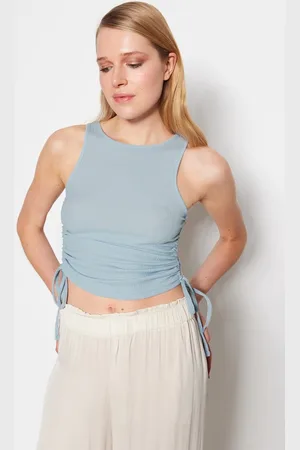 Trendyol Crop Gebreide Blouse Van Crêpe Met Tegels En Verzameld Detail Thmss22Bz1016