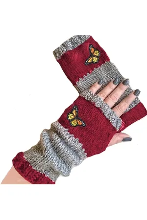 Merkloos Retro gebreide handschoenen - vingerloos - met geborduurde vlinder - Bordeaux