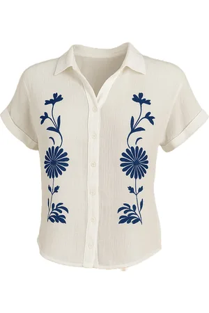 Merkloos Suzzy & Milly Korte Mouwen Blouse – Witte Blouse met Blauwe Verticale Bloemenborduursels - M