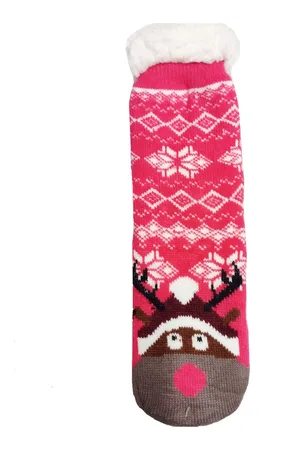 Merkloos Dames Huissokken – Bont gevoerd – Rudolph - Roze maat 35-38 - Winter Thermo Slofsokken