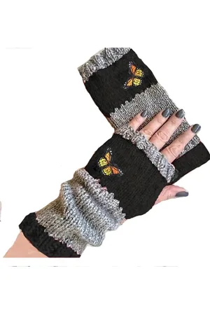 Merkloos Retro gebreide handschoenen - vingerloos - met geborduurde vlinder - Zwart