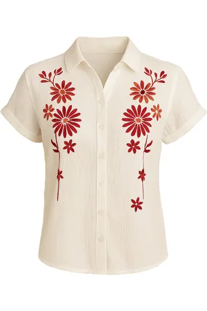 Merkloos Suzzy & Milly Zomerblouse – Witte Blouse met -Oranje Geborduurde Bloemen - L