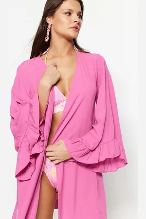 Trendyol Roze Riem Geweven Flounce Mini Strand Kimono & Kaftan Tbess21Km0002