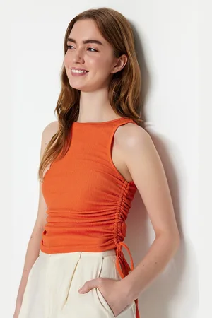 Trendyol Crop Gebreide Blouse Van Crêpe Met Tegels En Verzameld Detail Thmss22Bz1016