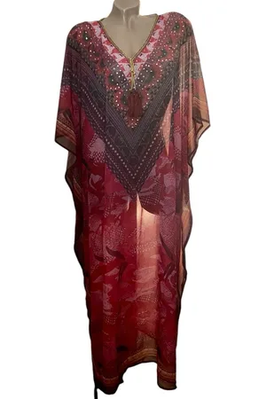 Merkloos Kaftan half transparant met steentjes 26/L 128/105cm One size 42-54 rood/donkerrood/wit/roze