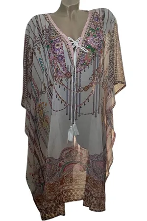 Merkloos Kaftan/tuniek met steentjes 48/S onesize 38-48 beige/roze