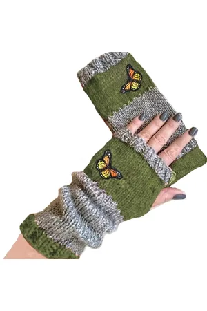 Merkloos Retro gebreide handschoenen - vingerloos - met geborduurde vlinder - Groen