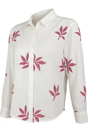 Merkloos Suzzy & Milly Blouse met Bladeren – Witte Blouse met Geborduurde Bladprint - S